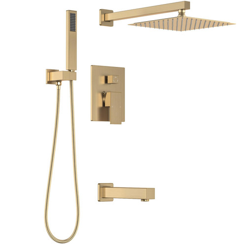 Lava Odoro Modern 3-Setting Square Shower and Tub Faucet Set with Shower Head and Handheld Sprayer Gold, Rainfall Shower System with Tub Spout, Shower Valve Trim Kit, Champagne Gold, SF103-CB-T