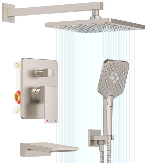 Gabrylly Shower Faucet Set with Tub Spout, 10" Shower Head，Brushed Nickel