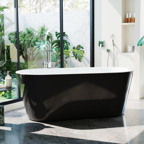 67'' Acrylic Freestanding Bathtub, Extra-Deep Soaking Free Standing Tub for Luxurious Bathing Experience, with Chrome Drain, for Main Bathroom, Black & White