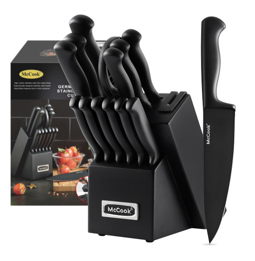 McCook Knife Set Black Kitchen Knife Block Set w Built-in Sharpener