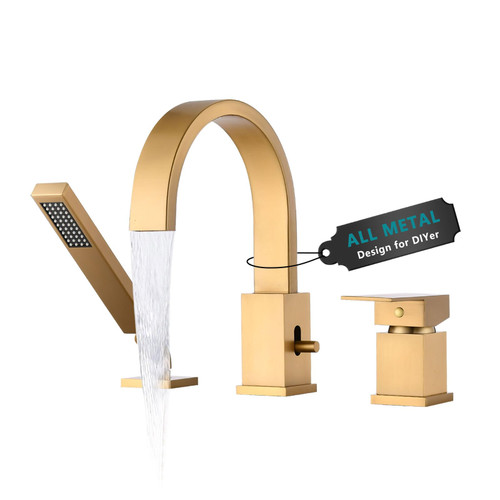 LOCALAND Brass Roman Tub Faucet with Sprayer, Deck Mount Bathtub Faucet with Hand Shower, 3 Hole Waterfall Faucet with 360 Spout, Single Handle Tub Filler with 8 GPM High Flow, Brushed Gold