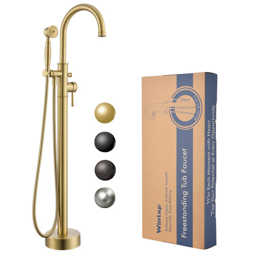 Free Standing Tub Faucet, Wintap Classic Freestanding Bathtub Faucet with Sprayer Brass Elegant Floor Mount Bath Faucets High Flow Roman Tub Filler, Brushed Gold （WT-3311BG）