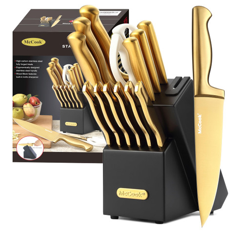 McCook® Knife Sets, Golden Titanium Stainless Steel Kitchen Knife Block Sets with Built-in Sharpener, 15 Piece Knives, Restaurant Grade Sharp, Elegant Gold & Stylish Wooden Block for Modern Culinary
