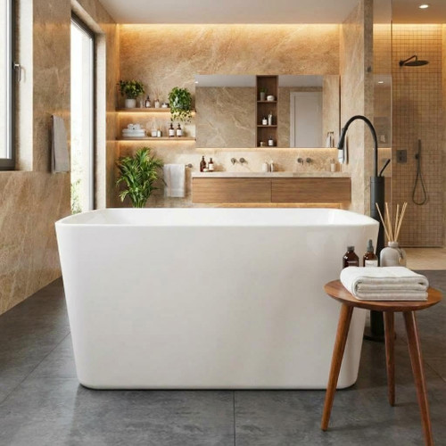 49" Acrylic Freestanding Bathtub - Japanese Square Soaking Tub with Built-in Seat & Toe-Tap Drain, Glossy White Finish, CUPC Certified