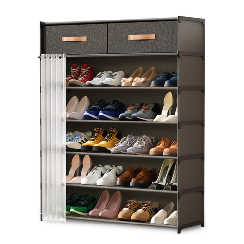 Cabbrix Shoe Rack with Covers & 2 Top Drawers, 7 Tier Shoe Storage Large Capacity Cabinet 28 Pair, Space Saving Vertical Shoe Storage Organizer for Closet, Entryway, Dorm, Bedroom