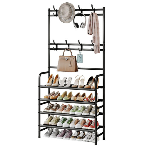 YIZAIJIA Coat Rack Shoe Rack With Storage Hooks Standing Organizer 4 Tier