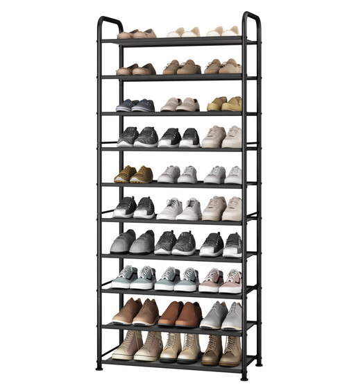 STO STO 10-Tier Shoe Rack with Sturdy Mesh Shelves, Tall Metal Shoe Organizer for Entryway, Closet, Garage, Front Door, Holds 30 Pairs, Free Standing Large Shoe Storage Shelf, Adjustable Feet, Black
