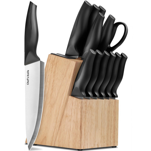 14 Pieces Kitchen Knife Set with Block, German Stainless Steel, BlackSilver