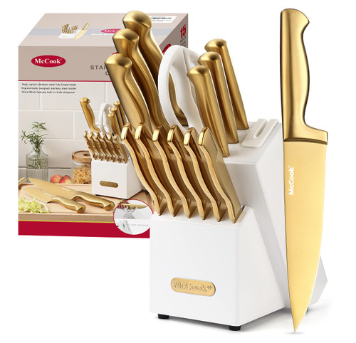 McCook Knife Set Gold Kitchen Knife Block Set w Built-in Sharpener