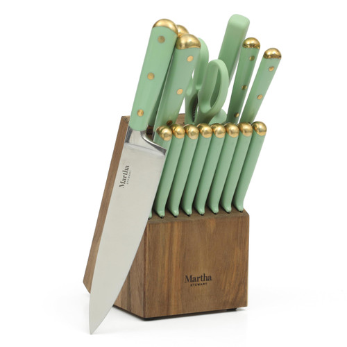 Martha Stewart 16-Piece Lockton High Carbon Stainless Steel Knife Block Set - Forged Full Tang Chef Knives, Acacia Wood Block, Triple Riveted Handles, Sage Green & Gold