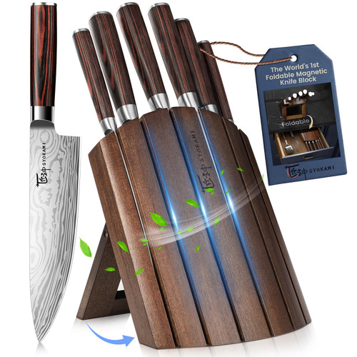 SYOKAMI 2026 Upgrade Kitchen Knife Set, Foldable Magnetic Acacia Wood Block