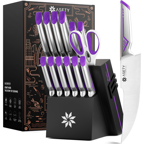 ASETY Kitchen Knife Set, 15 PCS One-Piece Stainless Steel Knife Block Set