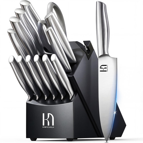 KnifeSaga 14 Pcs Knife Block Set, Premium, Razor Sharp, Japanese Steel