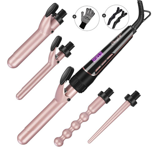 WEHISFD 5 in 1 Ceramic Hair Curler Curling Iron Wand Roller Set Interchangeable Barrels Curls Heat Resistant Glove Styling Tool