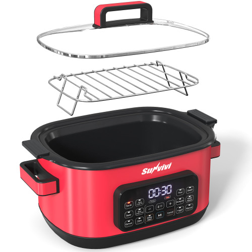 Royalcraft 12-in-1 Digital Programmable Slow Cooker, 6.5 QT Large Multicooker, Multi-Cooker with Timer, Temp Control, Red