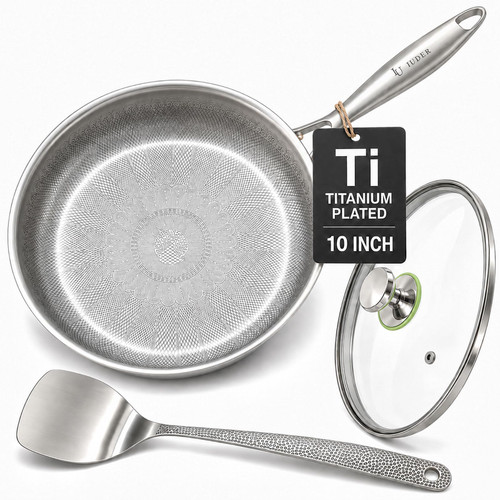 IUDER Titanium Pans for Cooking, 10" Frying Pan with Lid, Coating Free