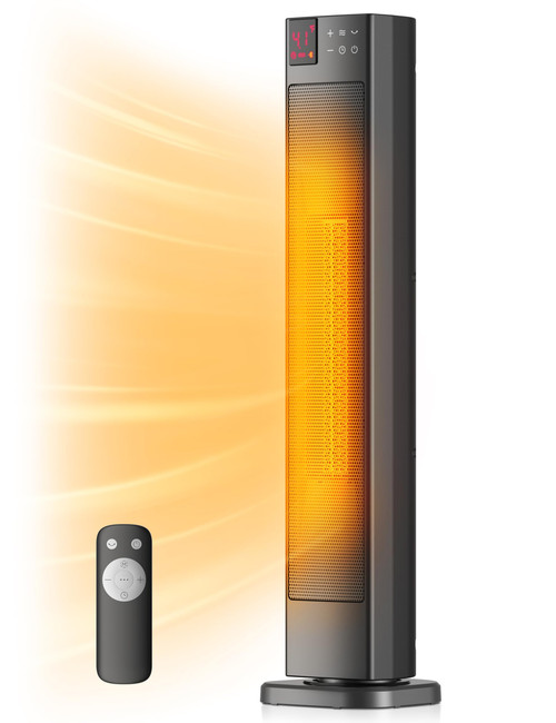 PELONIS 30” Ceramic Tower Space Heater with Adjustable Thermostat for Large Room, 75° Oscillation, Remote Control & 12H Timer, Tip-Over Switch & Overheating Protection, 1500W, PHF15RSAPH30, Black