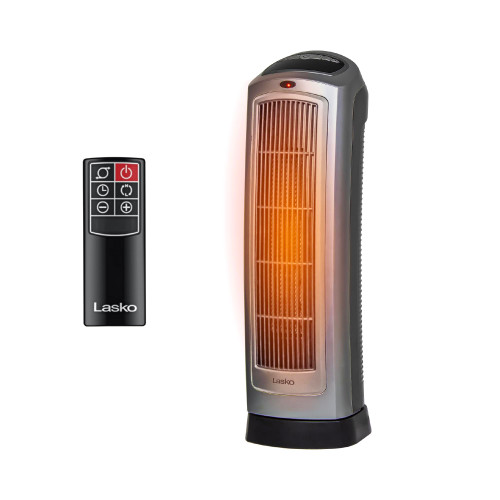 Lasko Oscillating Digital Ceramic Tower Heater for Home with Adjustable Thermostat, Timer and Remote Control, 23 Inches, 1500W, Silver, 755320