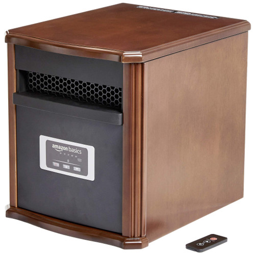 Amazon Basics Portable Space Heater with Remote Control, Adjustable Thermostat, Indoor Use, Energy-Saving Setting, LED Display, Classic Wood Casing, 1500W, 12"D x 13"W x 16"H, Brown