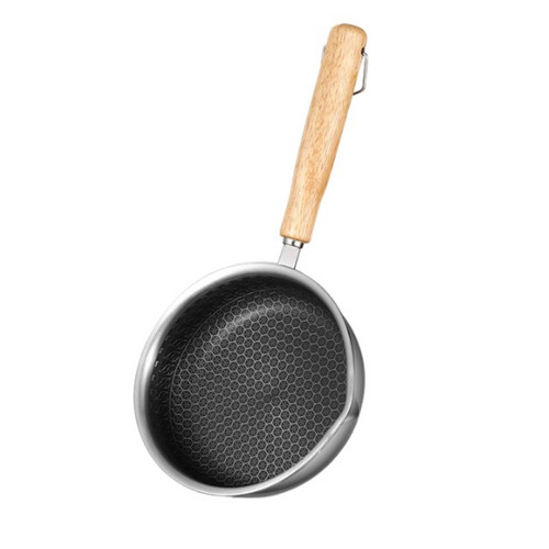 KiBcsLic Frying Pan with Wooden Handle Three- Honeycomb Frying to Clean Honeycomb Skillet for Students, Small Kitchens, 16cm