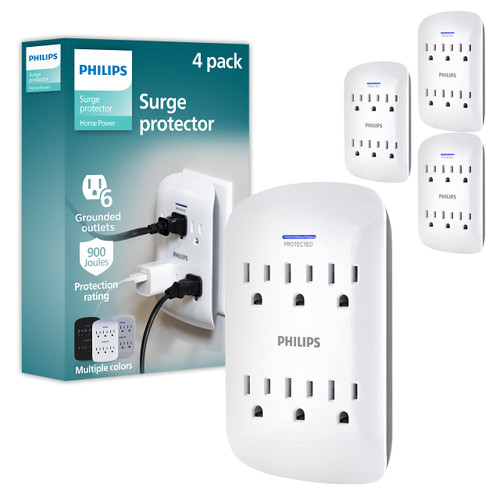 Philips 6-Outlet Extender Surge Protector, 4 Pack, Wall Tap; 900 Joules