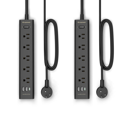 10FT Long Surge Protector Power Strip-with 5 Widely Outlets and 3 USB Ports(1 USB C Port),10 Foot Extension Cord(1250W/10A),Wall Mount for Home Office,700 J,Black(2 Pack)