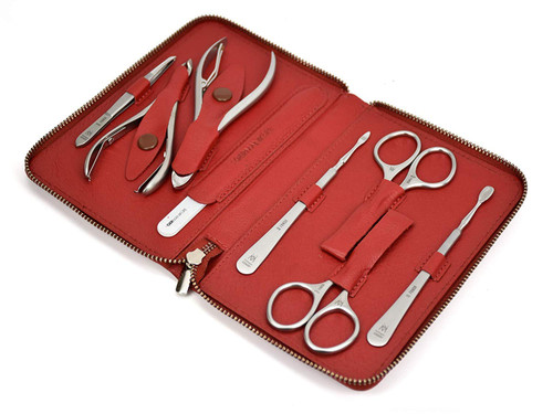 GERMANIKURE 8pc Manicure Set, Solingen Germany, Red Leather Case