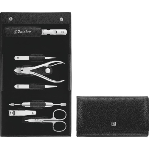 ZWILLING Beauty Classic INOX Manicure and Pedicure Nappa Leather Case with Snap Closure, Nail Care Kit, 7-Piece, Premium Travel Nail Kit, Black