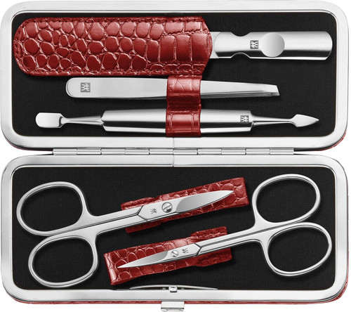 ZWILLING Beauty Classic INOX 5-Piece Manicure Set Pedicure Kit, Stainless Steel Nail Care, Cowhide, Crocodile Edition, Red