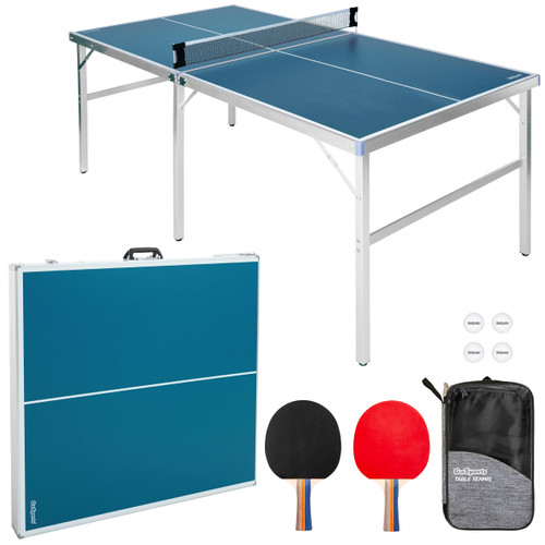 GoSports 6 ft x 3 ft Mid-Size Table Tennis Game Set - Indoor/Outdoor Portable Table Tennis Game with Net, 2 Table Tennis Paddles and 4 Balls