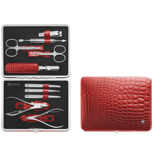ZWILLING Manicure Set Pedicure Kit, Nail Care Complete Set, Cowhide, Croco Edition, 10-Piece, Red