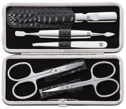ZWILLING Manicure Set (5 piece, for fingernail and toenail care, genuine leather case with metal frame), Polished Stainless Steel, Crocodile Edition, Black