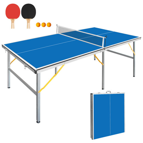 SculPong 6FT 72''x36'' Ping Pong Table Foldable Midsize Table Tennis Table with Net, Paddles and Balls, MDF Multi-Use Family Game Table Assembly Free for Kid Teenager Adult, Compact & Portable Blue