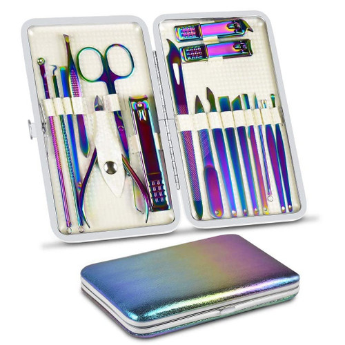 18 Manicure Kit Pedicure Grooming Care Tools Nail File Clippers With Leather Set