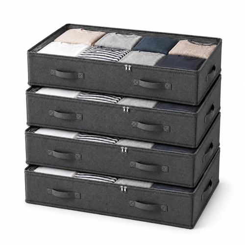TREKLO 90L Under Bed Storage Bags, 600D with Clear Lids, 4 Pack, Black
