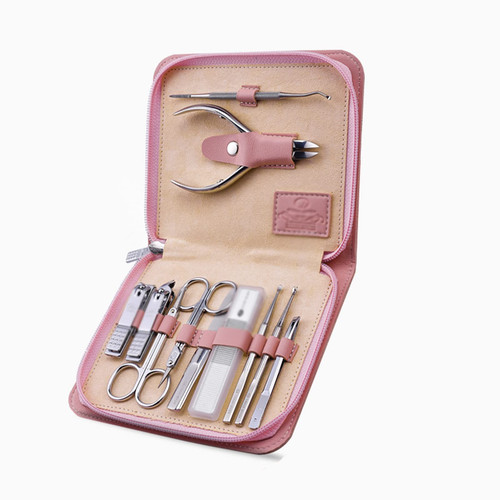 Manicure Set Professional Manicure Set Household Nail Clippers Manicure Tools 11 Pieces Stainless Steel Portable Nail Care Tools with Leather Travel Case Pedicure Kit (Color : Blue) (Pink)