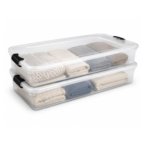 HOMZ Under Bed Clear Plastic Storage Bin w/Lid, 60 Qt, Gray Latch, 2 Pack