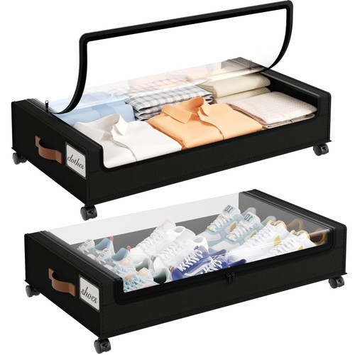 Yecaye 60L Under Bed Storage with Wheels, 2 Pack, Black