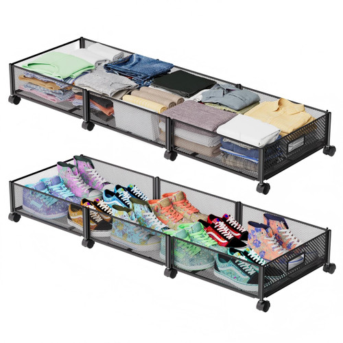 Nonkky Under Bed Storage with Wheels 47.2"(L)/57.6L Large Rolling Under Bed Storage, Metal Underbed Containers on Wheels, Tool-Free Assembly Foldable Metal Underbed Drawers for Shoes Clothes Toys