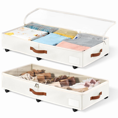 KitHero 6 Inches Under Bed Storage with Wheels Pack of 2, Underbed Shoe Storage Container Bin with Clear Lid Cover, Rolling Under Bed Drawer Storage Bag Basket for Shoe Organizer Sheet Sweater - White