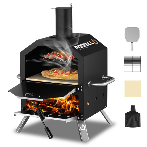 Pizzello Outdoor Pizza Oven Wood Fired 2-Layer Pizza Ovens Outside Pizza Maker with Stone, Pizza Peel, Cover,Removable Cooking Rack for Camping Backyard BBQ (Black)