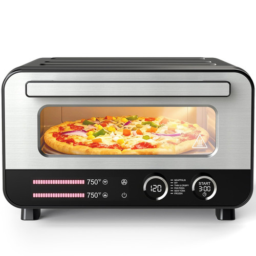 DUMOS Pizza Oven Indoor, 1600W Electric Pizza Maker Fast Heating, 6 Presets for 12 Inches Pizzas, with Stone & Spatula, Upper-Bottom Independent Heating Temperature Control