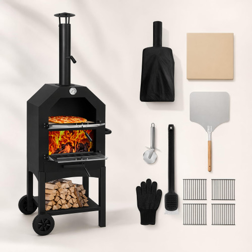 Z1UVDFUR Outdoor Pizza Oven, Wood Fired Portable 550°F Pizza Maker with Stone, Peel, Grill Rack for Patio Backyard Camping,Black