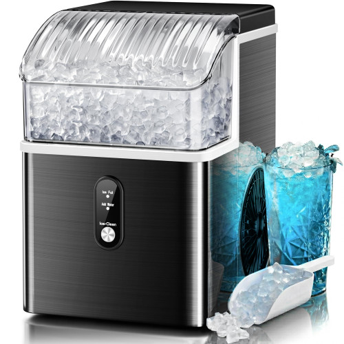 Kismile Nugget Ice Maker Countertop, 35 lbs/Day,Stainless Steel（Black）