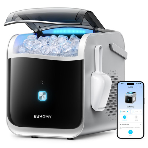 EUHOMY Smart Ice Makers Countertop, 9 Cubes Ready in 6 Mins, 26lbs/24H, Self-Cleaning, Portable Ice Maker Machine with APP/Alexa Control, Countertop Ice Maker with 2 Sizes of Bullet Ice for Home