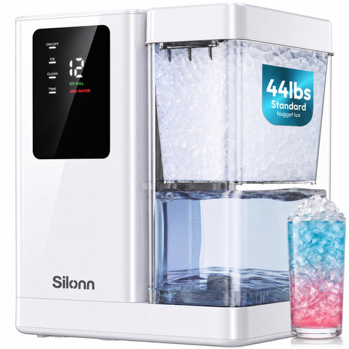Silonn Nugget Ice Maker Countertop, 3L Detachable Water Tank & 44Lbs/Day, Self-Cleaning Pebble Ice Machine with Smart Timer, Premium Chewable Sonic Ice for Home Bar & Office, White