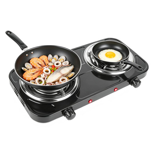 2000W Electric Double Burner Coil Stove-Portable Hot Plate Electric for Cooking, Countertop RV Hotplate with Non-Slip Rubber Feet and 5 Temperature Adjustments