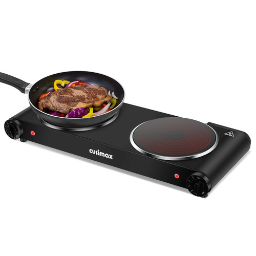 Cusimax Electric Stove, 1800W Infrared Hot Plate, 7 Inch Ceramic Glass Portable Double Burner Cooktop for Dorm Office Home Camp, Compatible w/All Cookware, Heat-up In Seconds-Upgraded Version