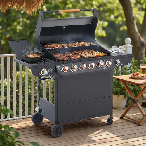6-Burner Propane Gas Grill with Side Burner, 72000 BTU & Cast Iron Grate