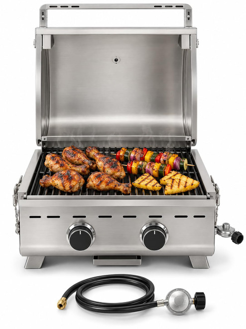 WAA 2-Burner Tabletop Propane Gas Grill, 16,000 BTU, SUS201 Stainless Steel with Folding Legs for Patio and Outdoor Use